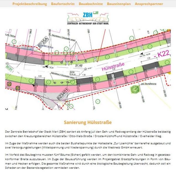 Screenshot: Webseite zur Sanierung des Geh- und Radweges an der Hülsstraß;e (ZBH).
