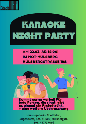 Das HoT Hülsberg lädt am 22. März Kinder und Jugendliche ab 12 Jahren zur Karaoke-Party ein. Grafik: Stadt Marl / HoT Hülsberg.