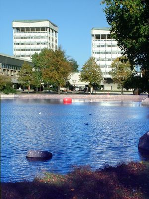 Das Rathaus mit dem Rathausee im Vordergrund.