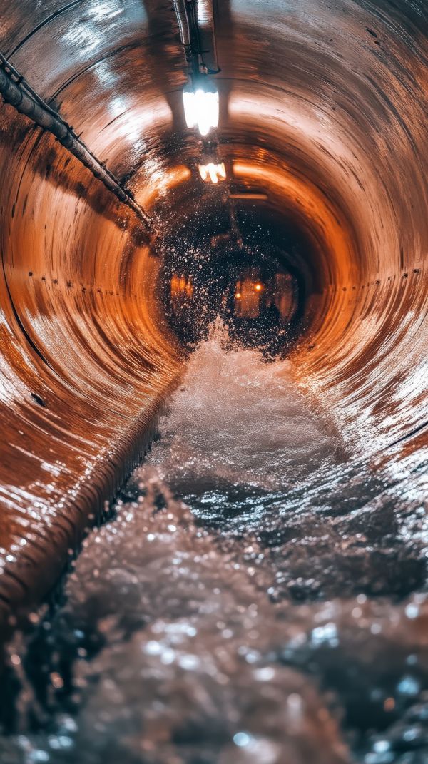 underground stormwater tunnel with flowing water and reflections, infrastructure and urban engineering concept